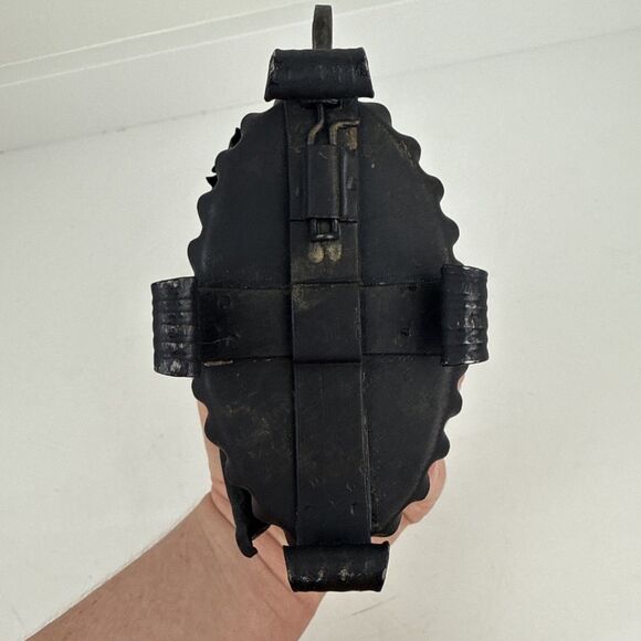 Vintage Metal Encased Wine Bottle w/ Iron Handle Green Glass Ornate With Cork - Picture 11 of 13